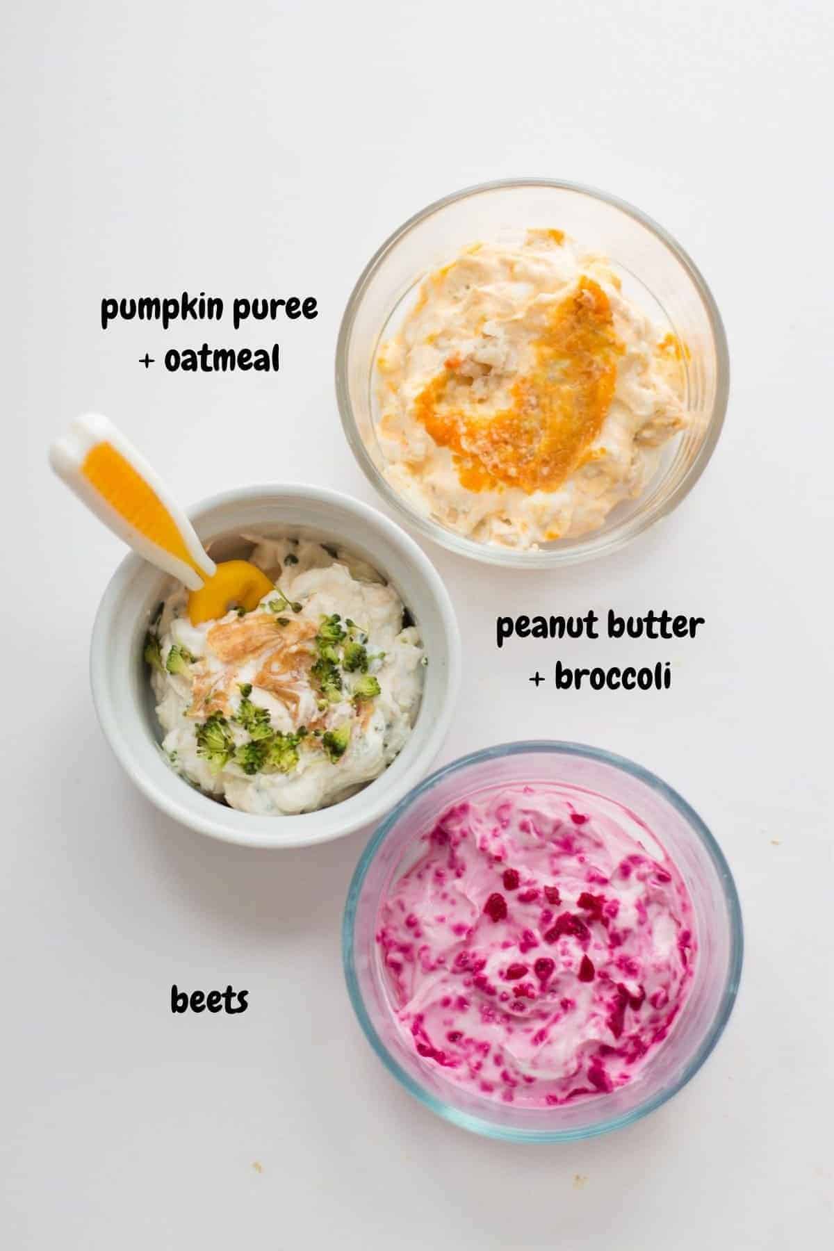yogurt bowl with beets, second bowl with broccoli and peanut butter, and the third bowl with pumpkin puree and oatmeal.
