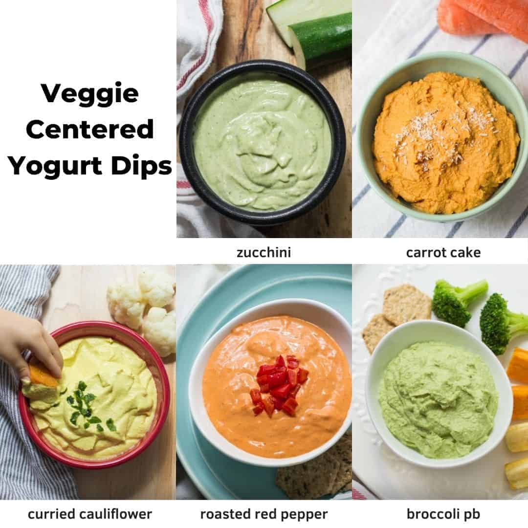 a collage with five vegetable loaded yogurt dips.