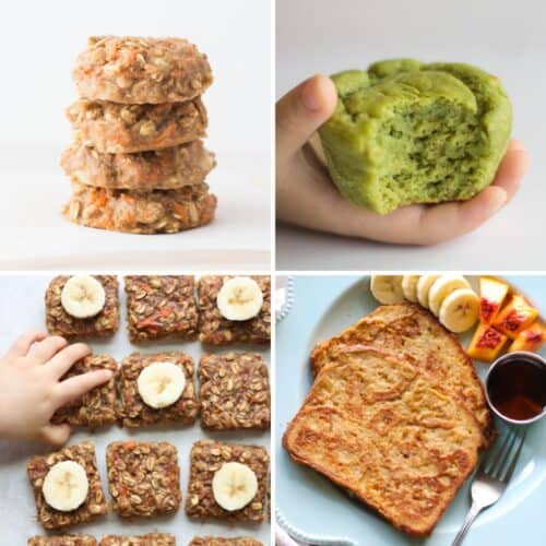 A four image collage of baked goods recipes with banana.