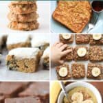 A six image collage of baked goods recipes using banana.