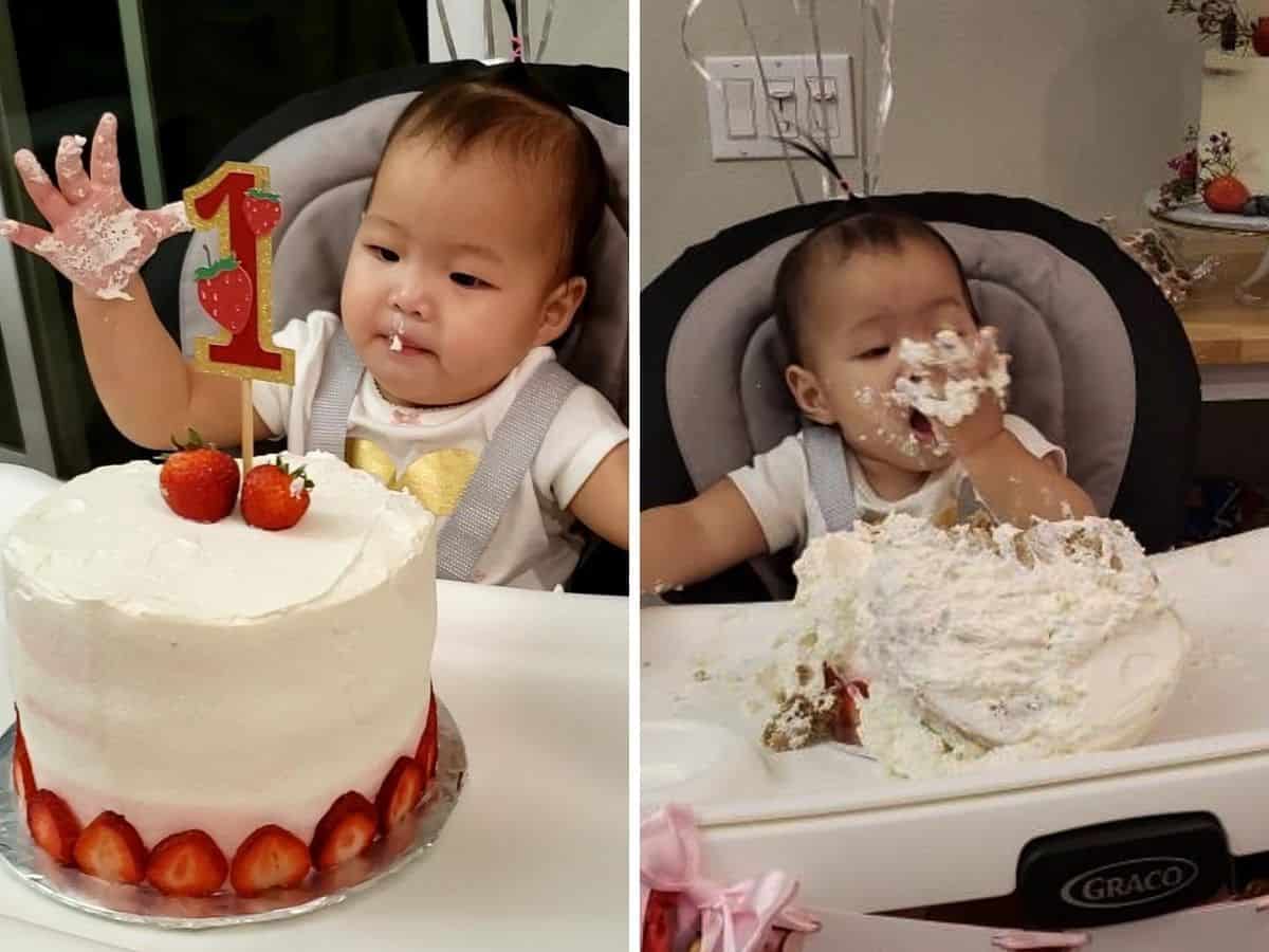 a two image collage with before picture of baby and cake on the left and after the cake smash on the right.
