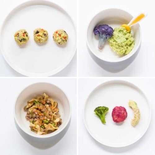 a four image collage showing meal ideas for 8 month old baby.