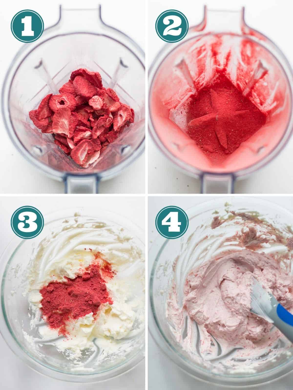a four image collage showing step by step instructions for making the cream cheese frosting.