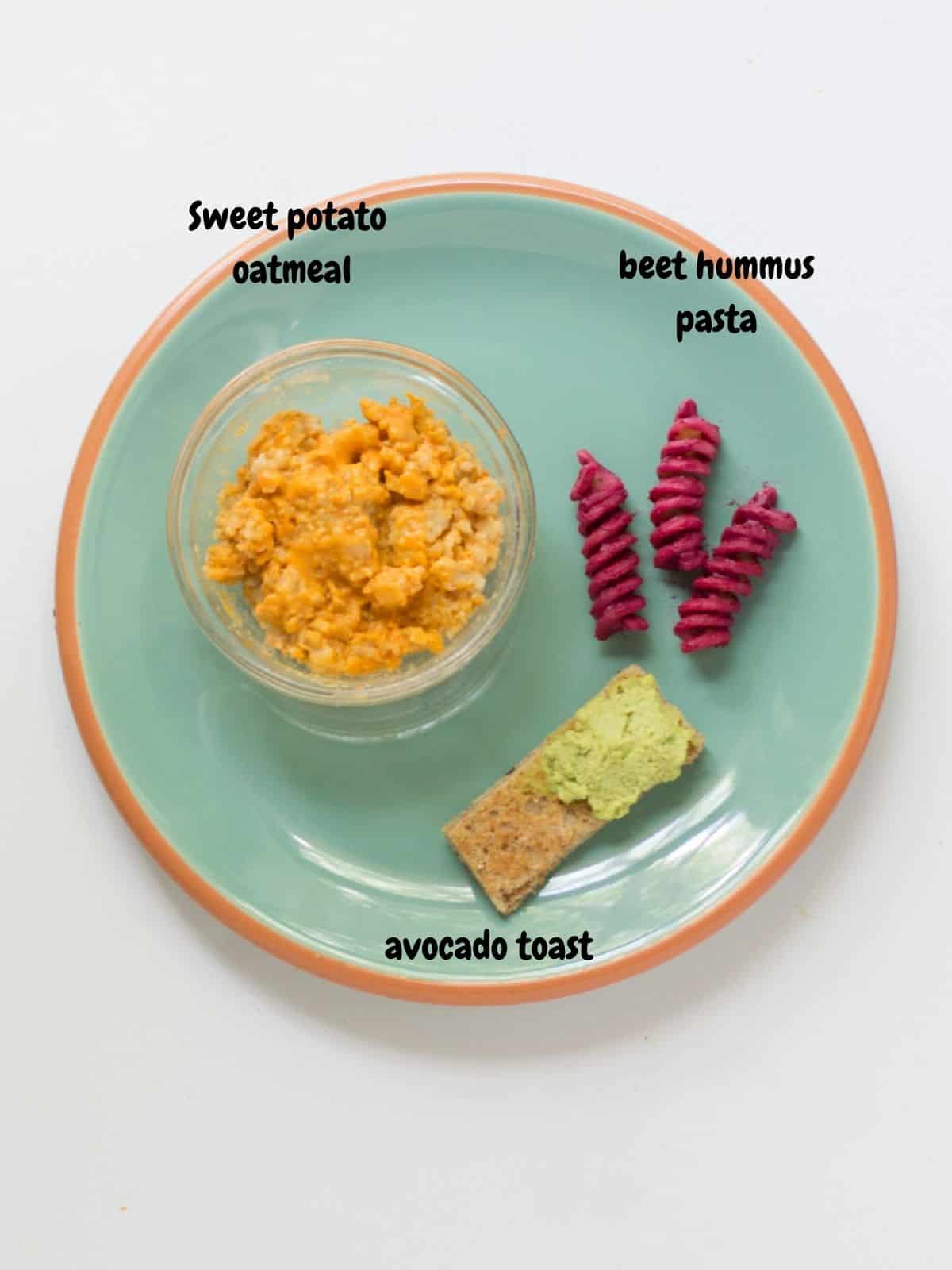 sweet potato oatmeal in a bowl, pasta with beet hummus, and toast with mashed avocado.