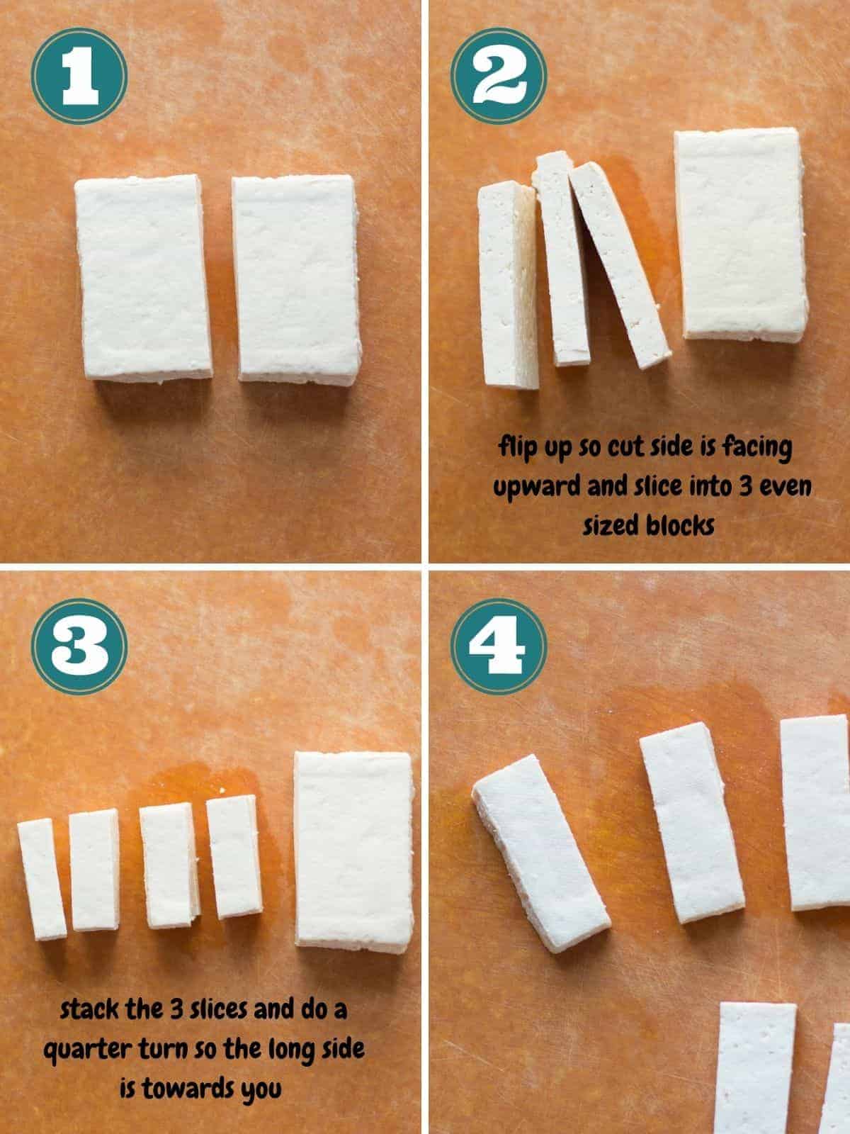a four image collage showing how to cut a block of tofu.