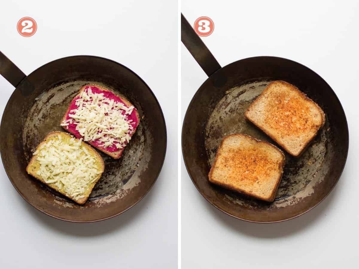 a two image collage with two slices of bread with hummus and cheese on pan on the left and grilled on the right.