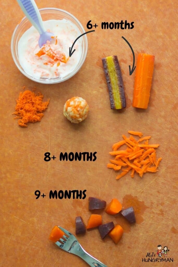 a graphic showing how to offer carrots to babies depending on age.