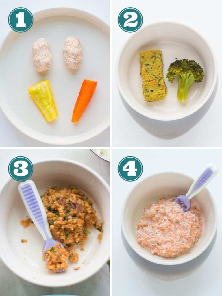 A four image collage showing how to serve carrots to babies 6 months and up.