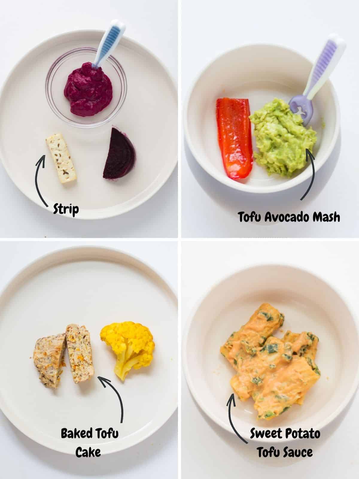 a four image collage showing how to serve tofu to babies six months and up.