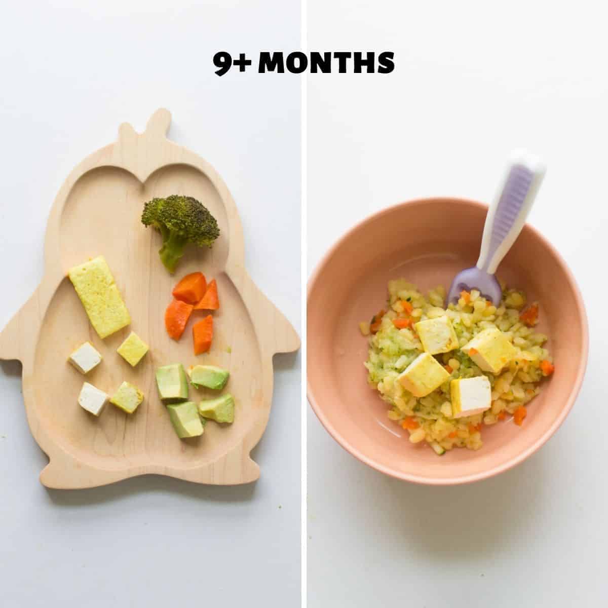 a two image collage showing examples of how to serve tofu to babies nine months and up.