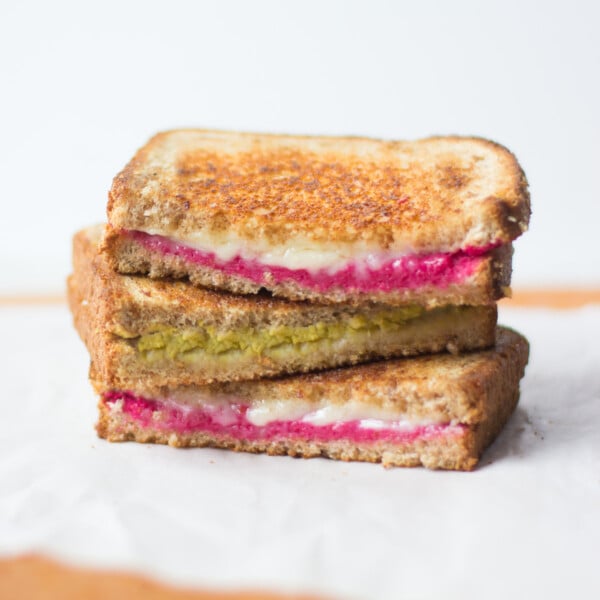 three stacked hummus grilled cheese.