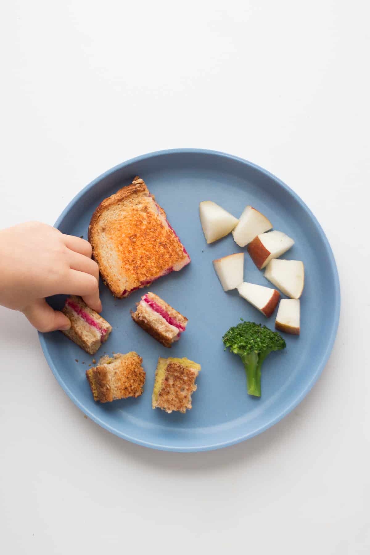 grilled cheese cut into bite sized pieces and small rectangle with diced apples and one broccoli floret.