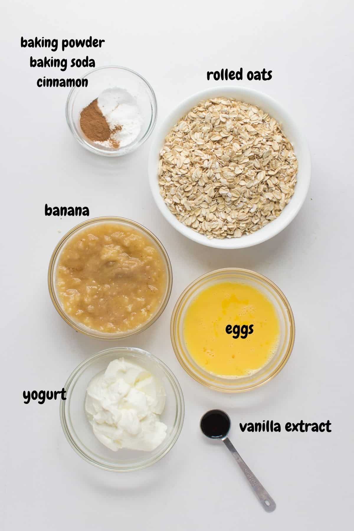 all the ingredient sfor the cake laid out on a white background.