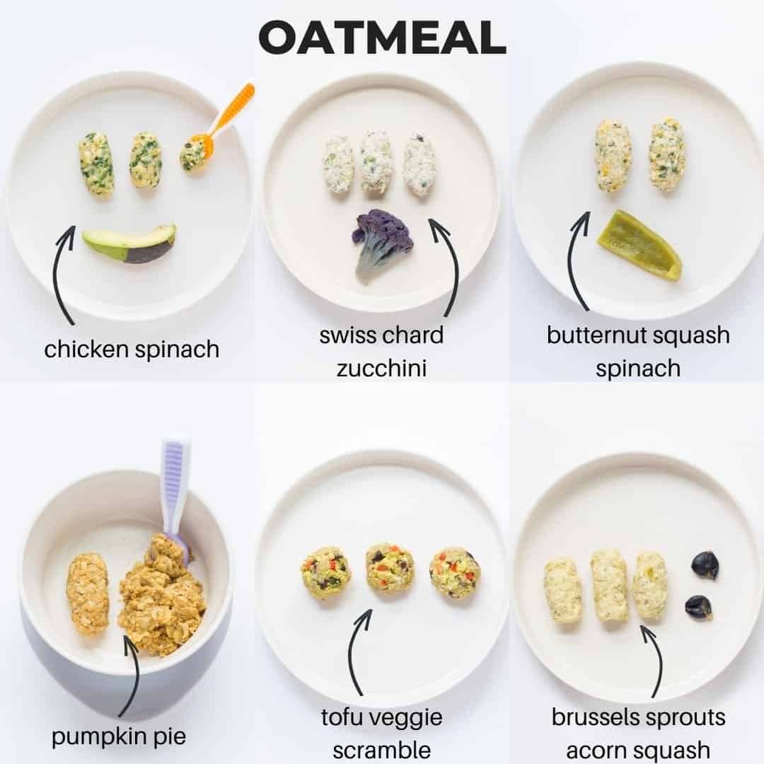 a six image collage showing different ways of offering oatmeal to babies.