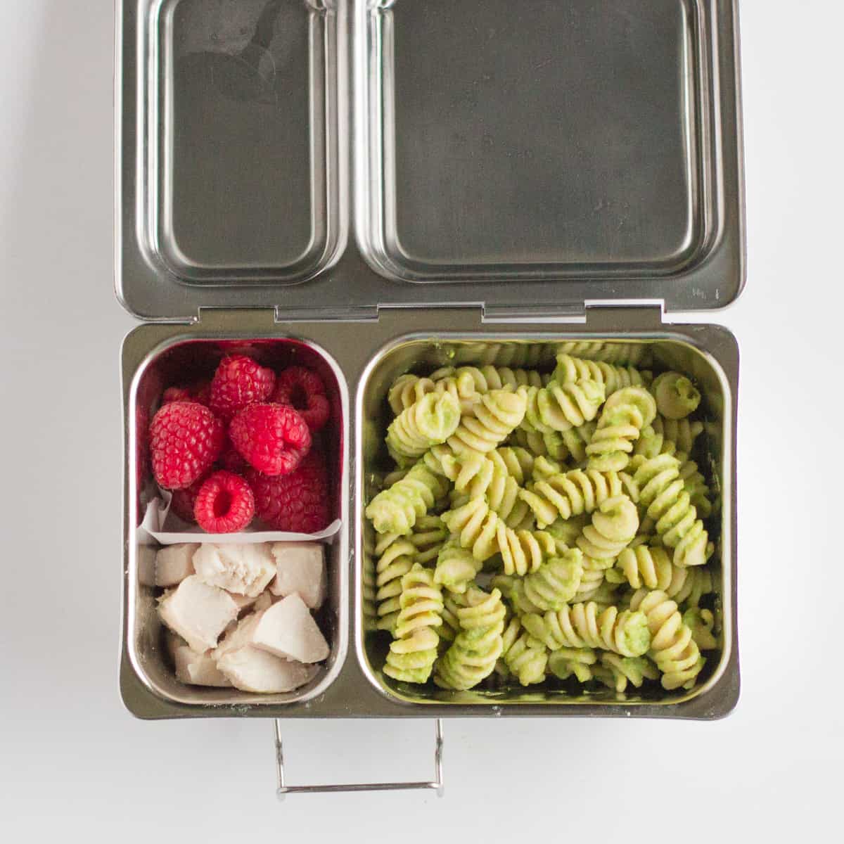 pasta tossed in pesto with cubed chicken and raspberries in stainless steel lunchbox.