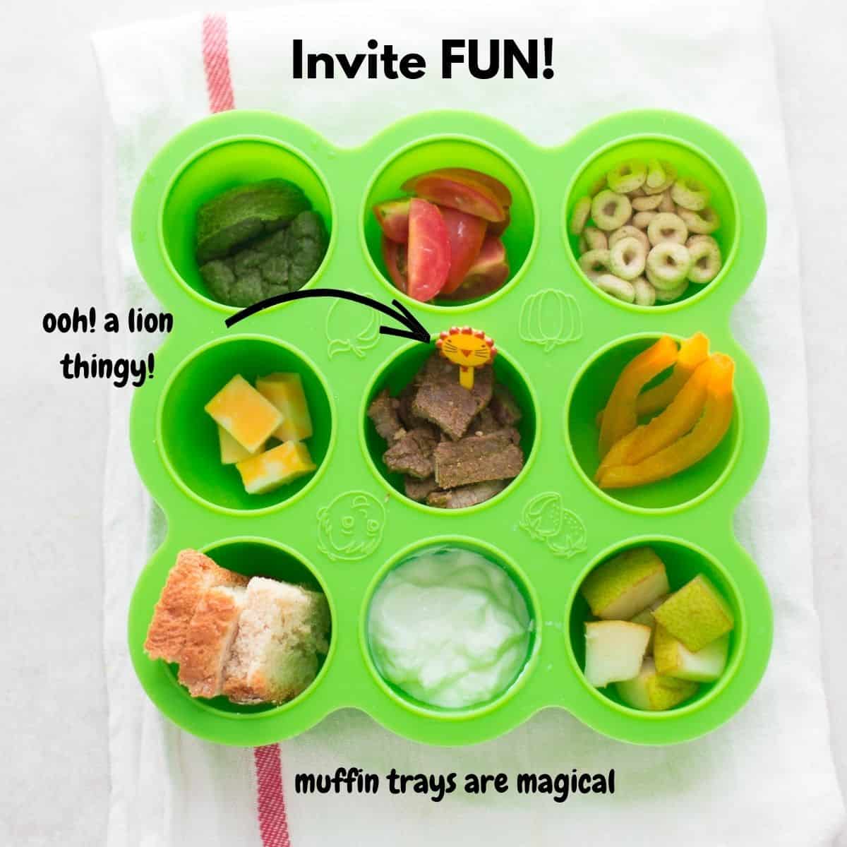 A green 9 cup freezer tray with an assortment of foods.