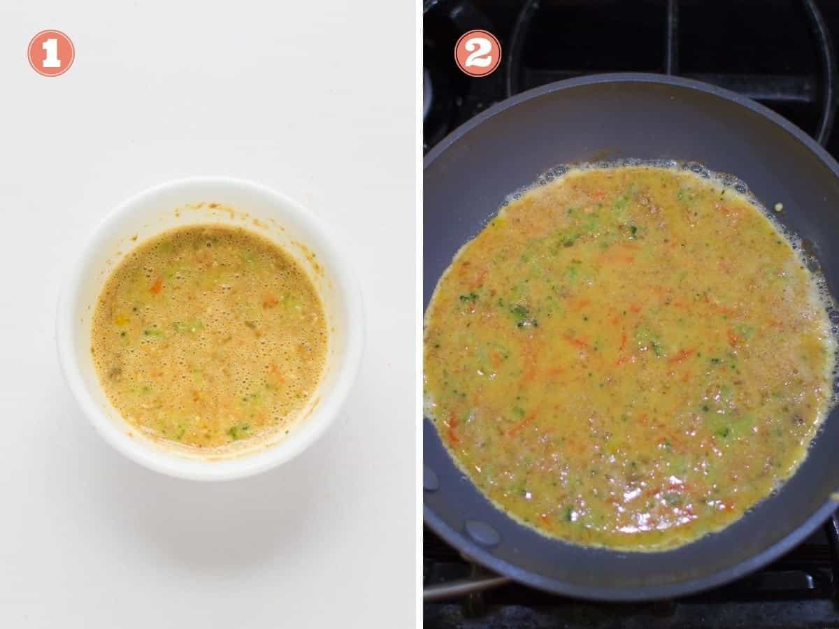 a two image collage showing how to make the omelette.