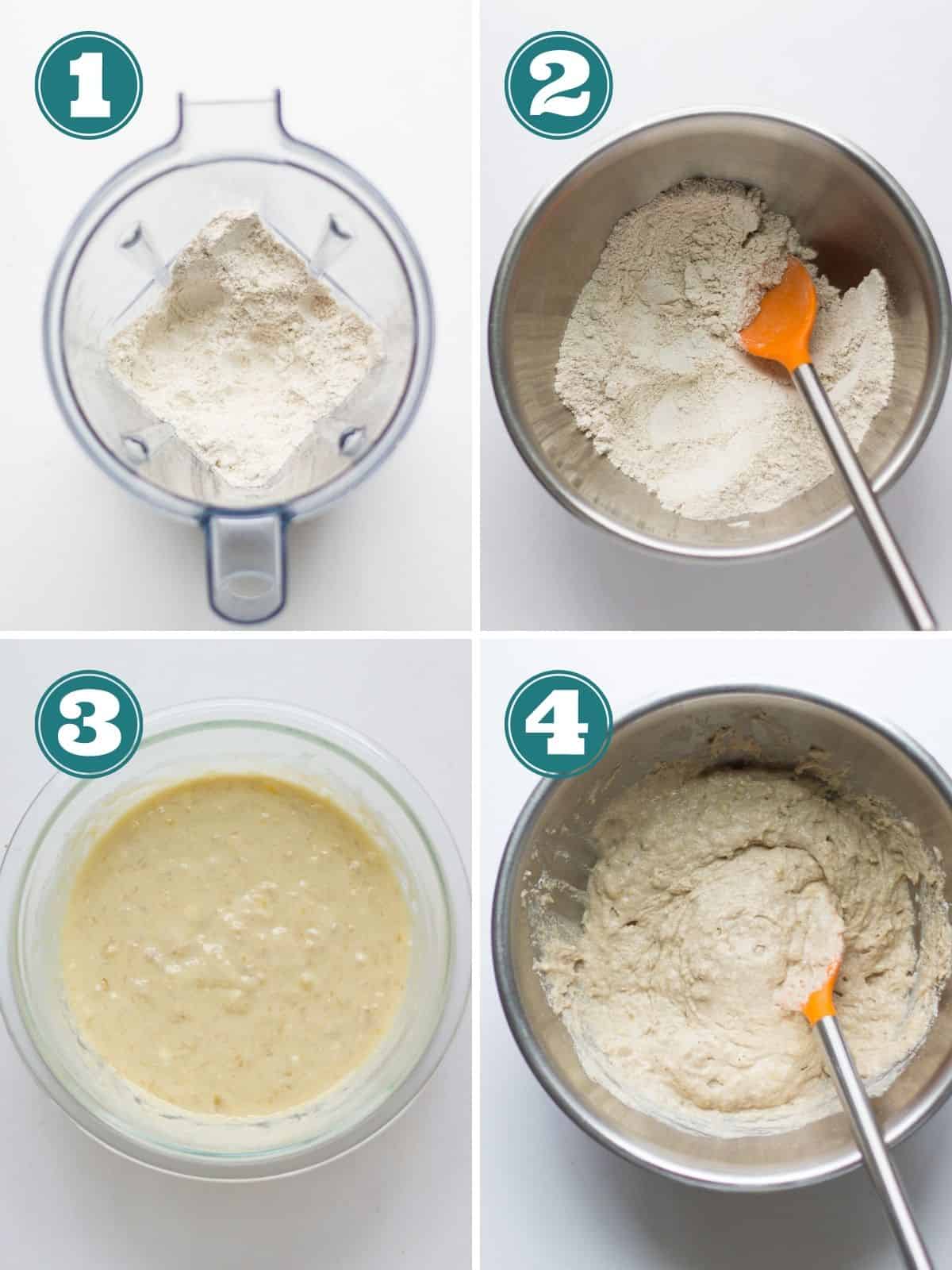 a four image collage showing step by step instructions on how to make the cake batter.