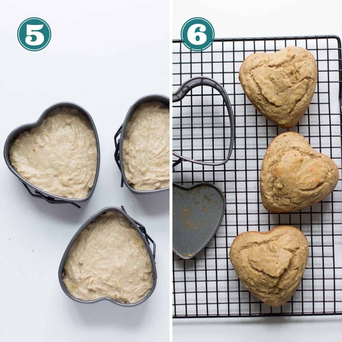 a two image collage showing unbaked cake on the left and baked on the right.