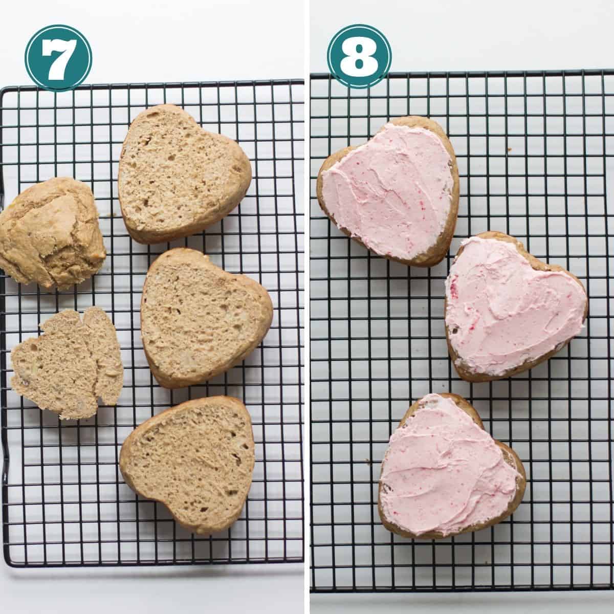 a two image collage showing cakes before frosted and then after.