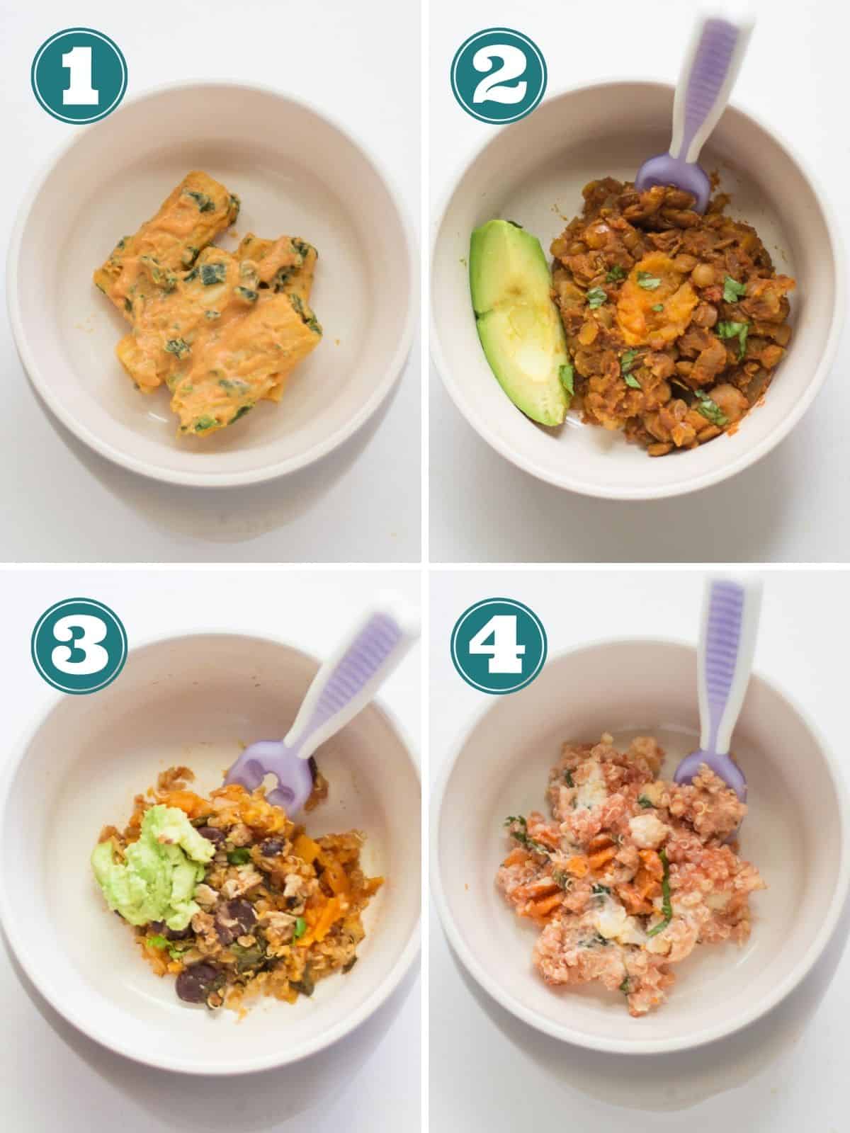 A four image collage of sweet potatoes in mixed dishes.