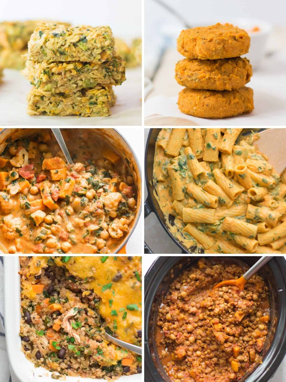 A six image collage of baby friendly sweet potato recipes.