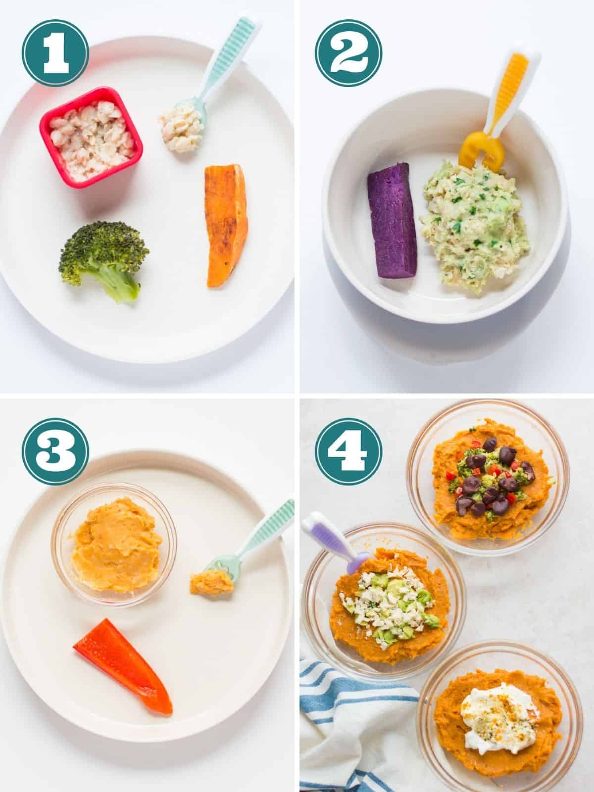 A four image collage showing how to serve sweet potatoes for young babies.