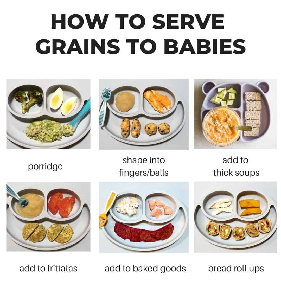 a six image collage showing different ways to serve whole grains to babies.
