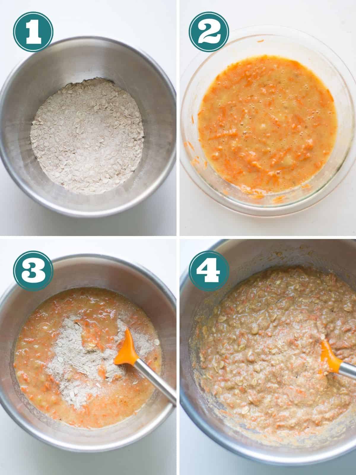 A four image collage showing step by step cooking process.