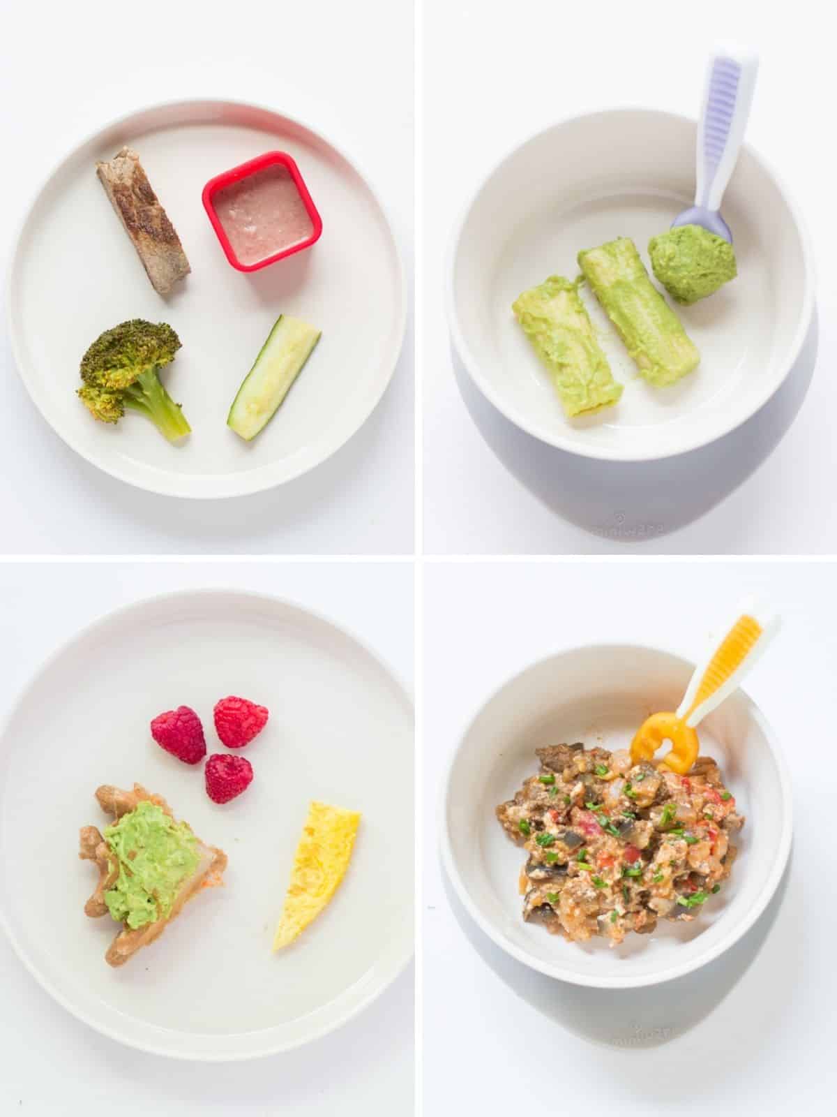 A four image collage showing different ways to serve zucchini to baby.