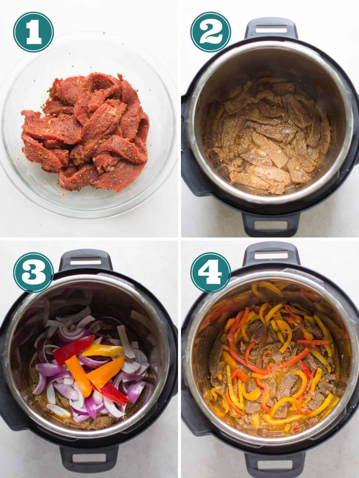 a four image collage showing step by step instructions on how to make the flank steak fajitas in the Instant Pot.