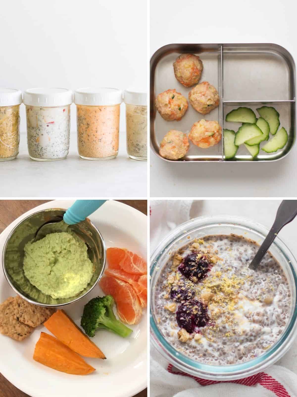 A four image collage of make ahead toddler snack ideas.