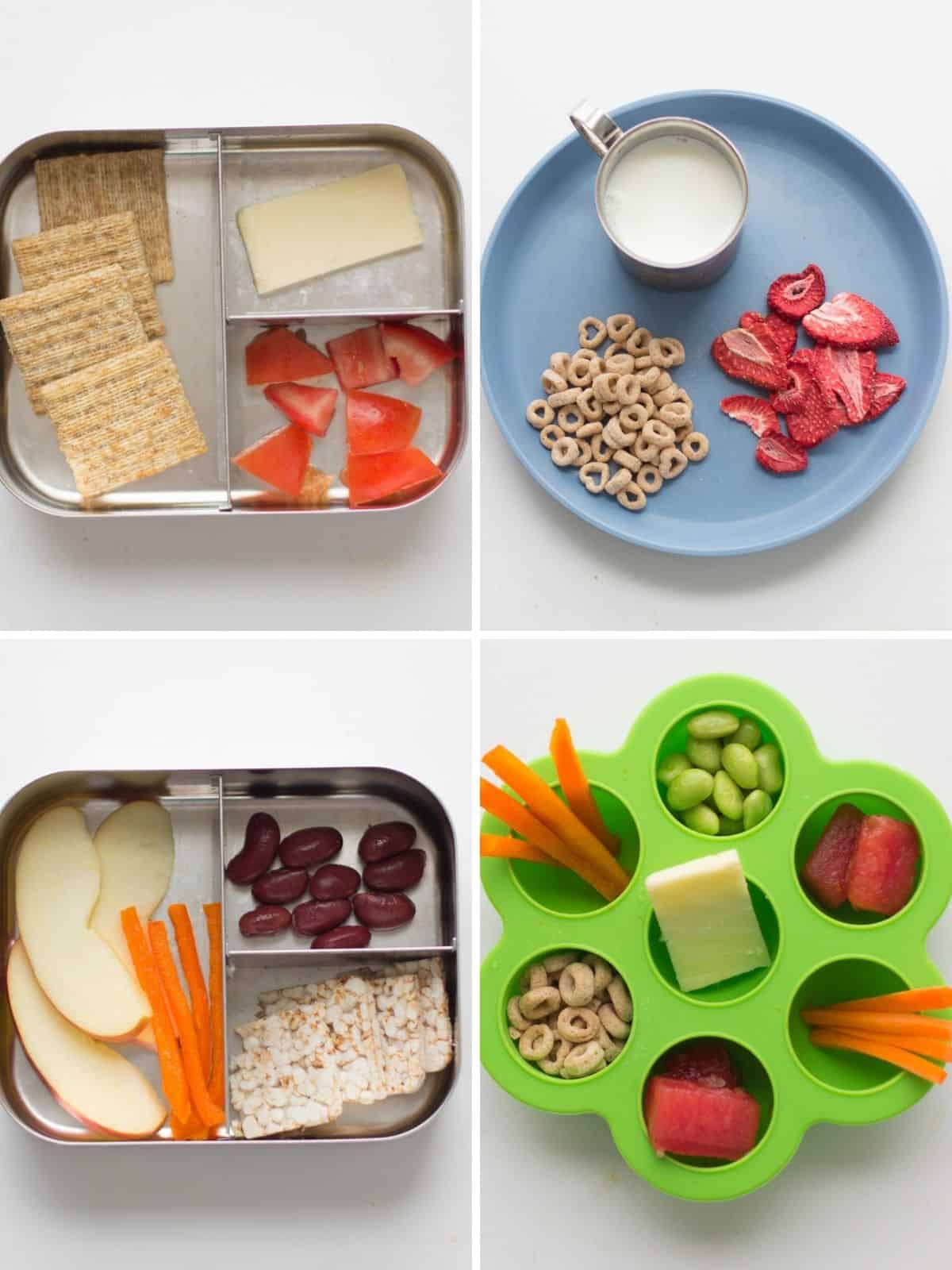 A four image collage of no cooking required snack ideas.