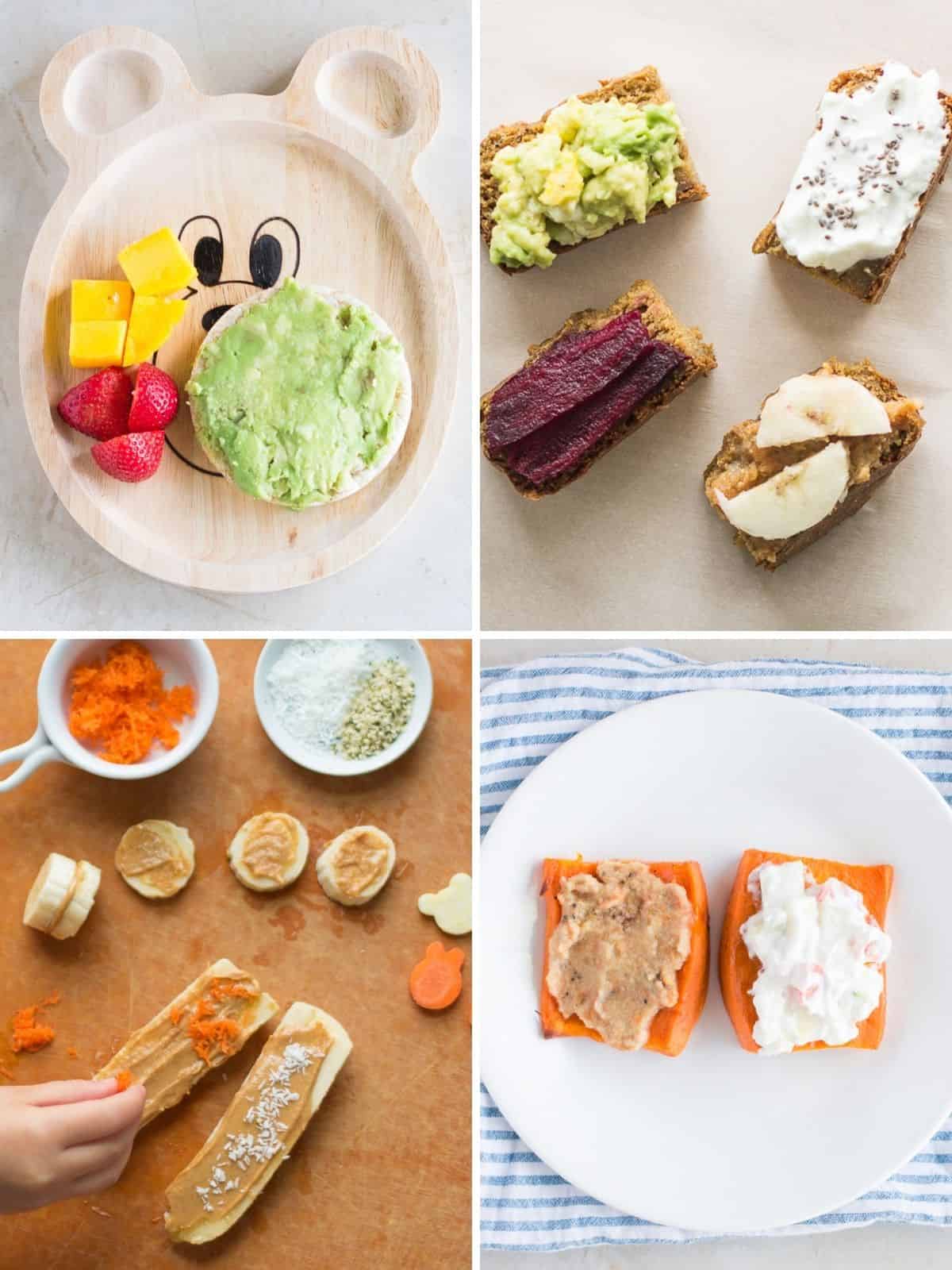 A four image collage of snacks with spreads.