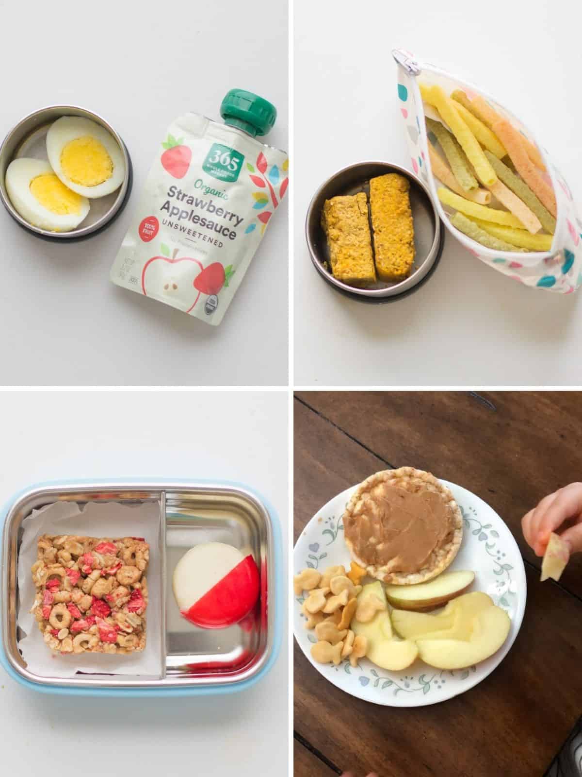 A four image collage of snacks with convenient items.