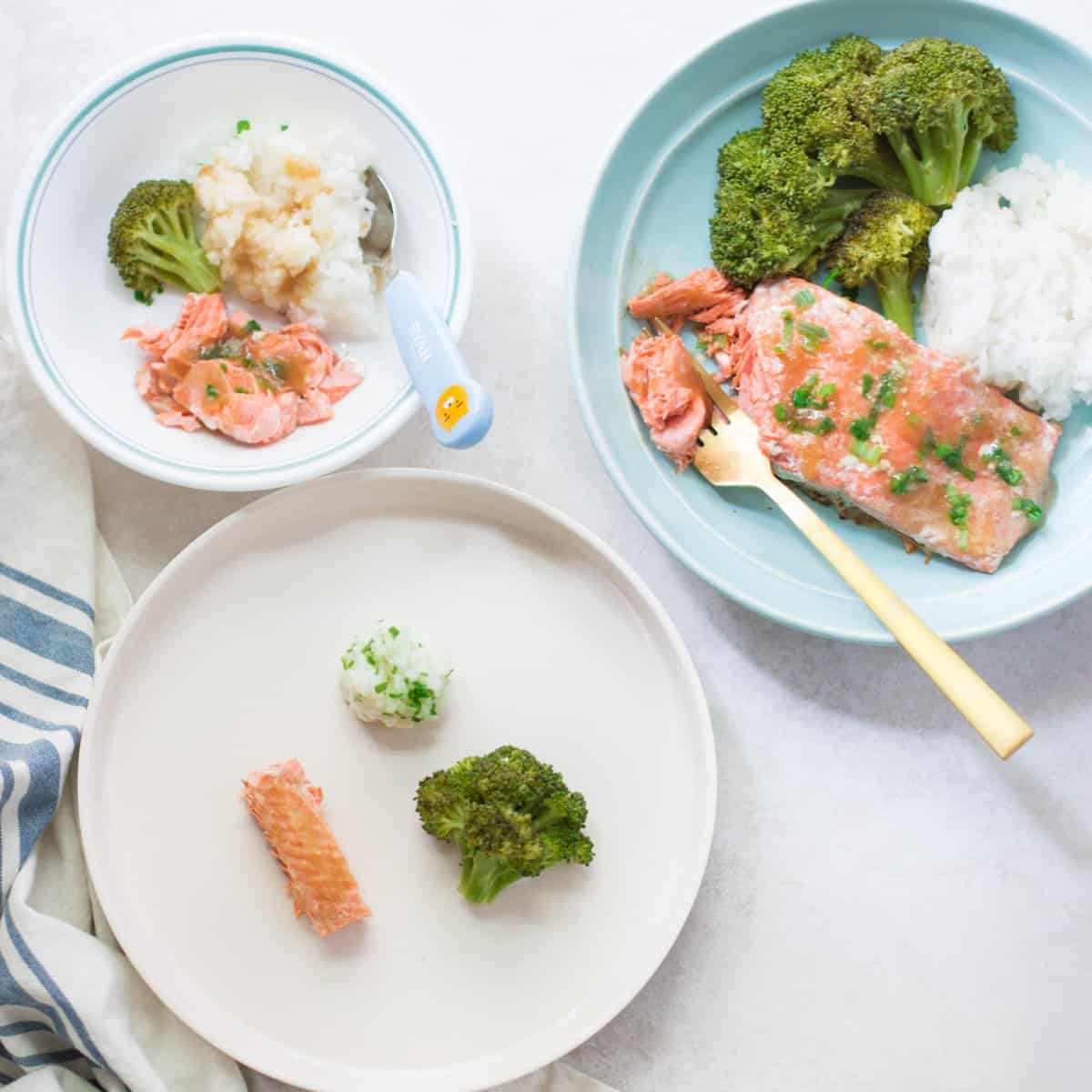 Salmon teriyaki, broccoli, and rice for mom, toddler, and baby.
