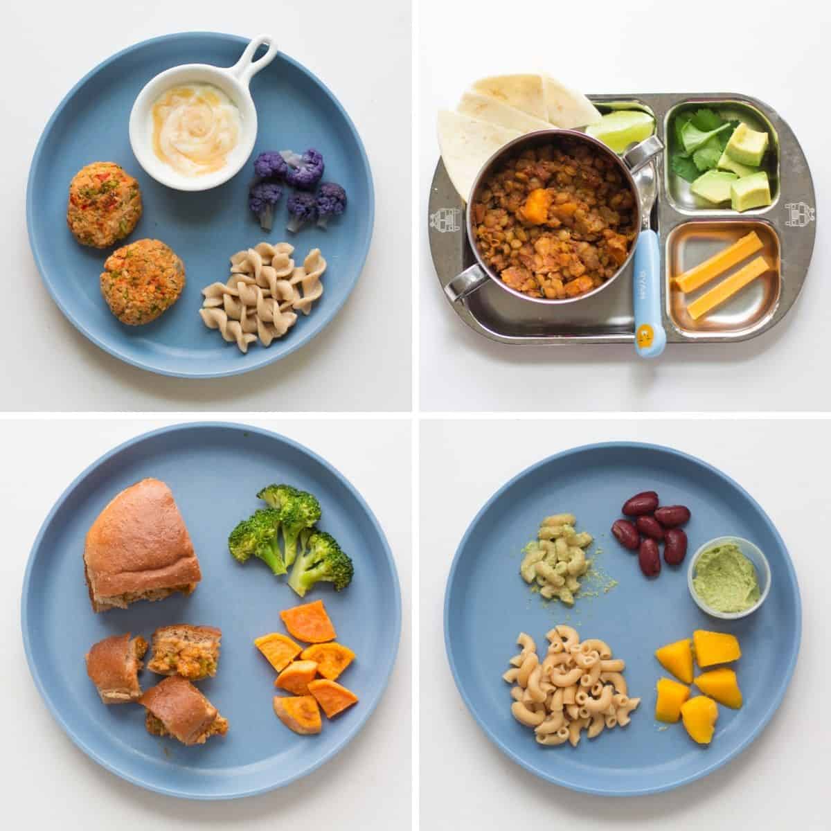 A four image collage showing different easy toddler meal ideas.
