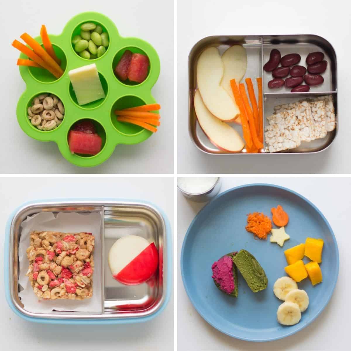 A four image collage of fun snack ideas.