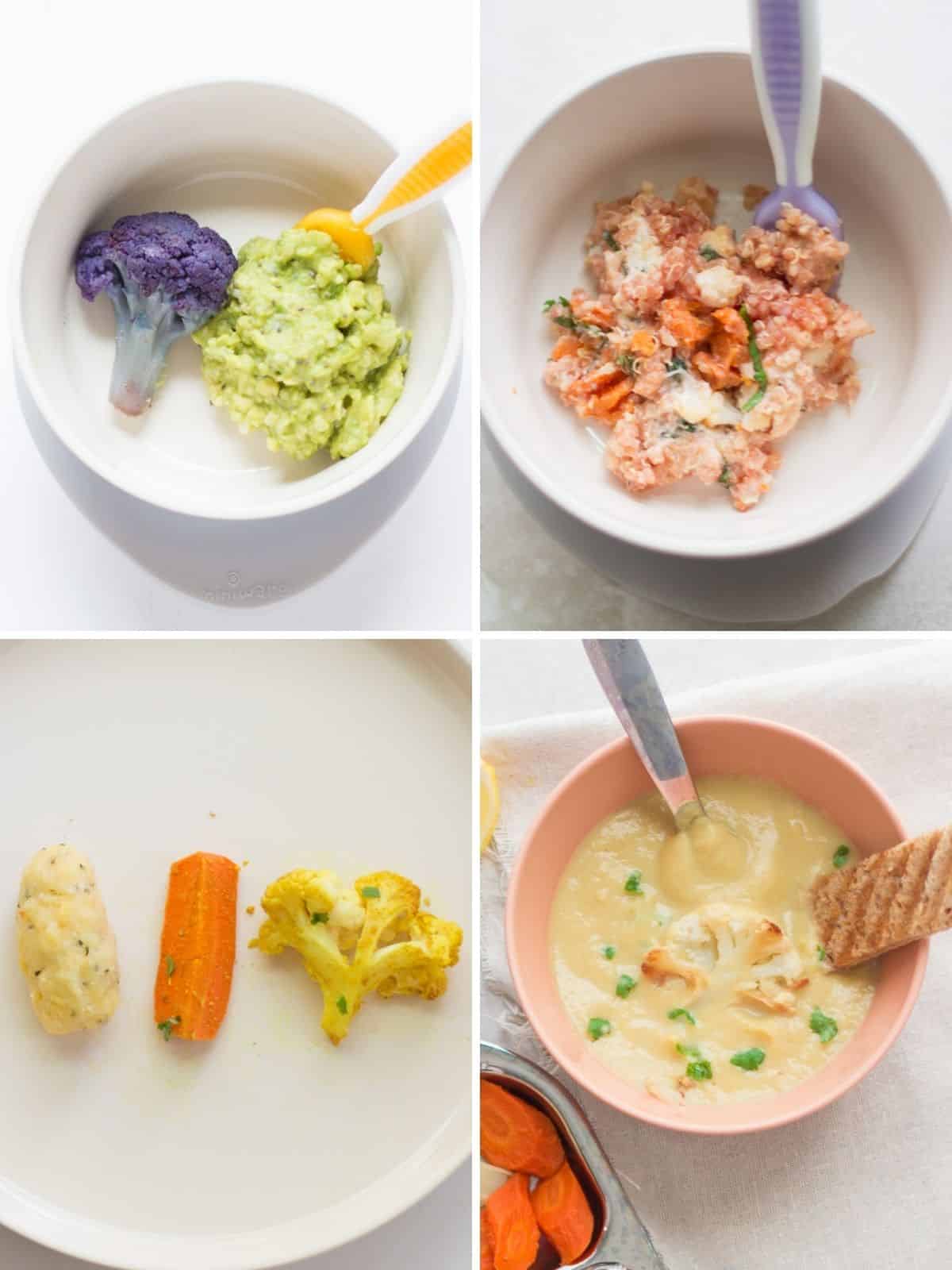 A four image collage showing different ways to serve cauliflower to babies.