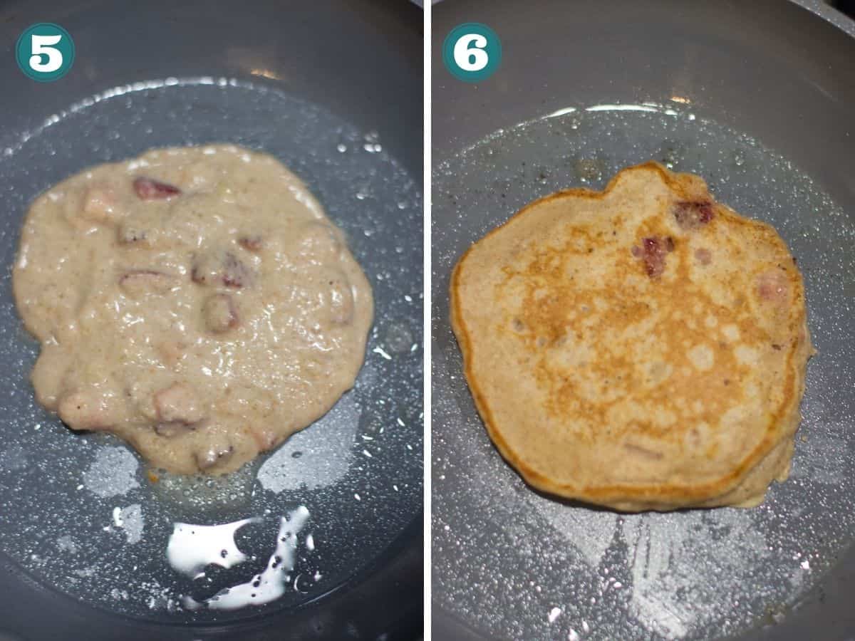 A two image collage showing how to cook pancakes.