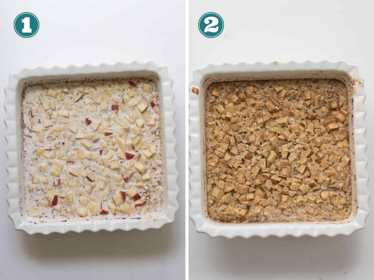 A two image collage showing before and after oatmeal is baked.