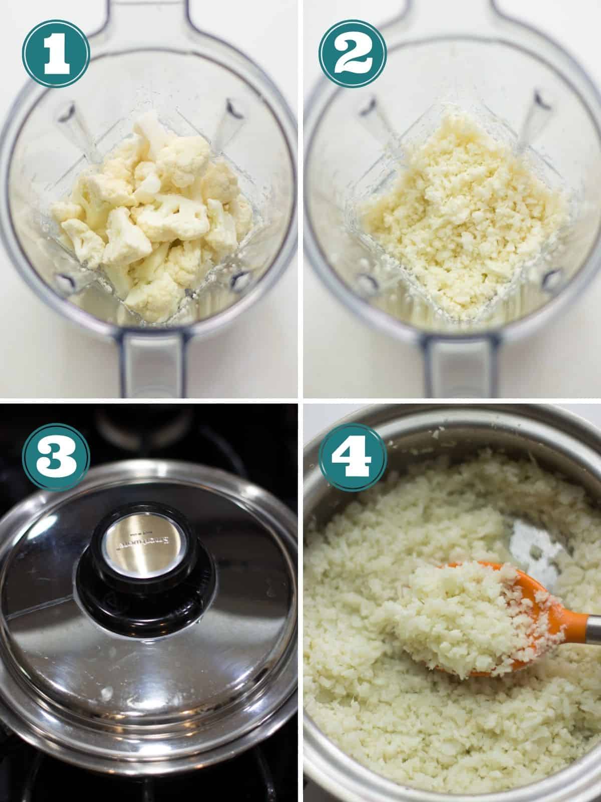 A four image collage showing how to make cauliflower rice.