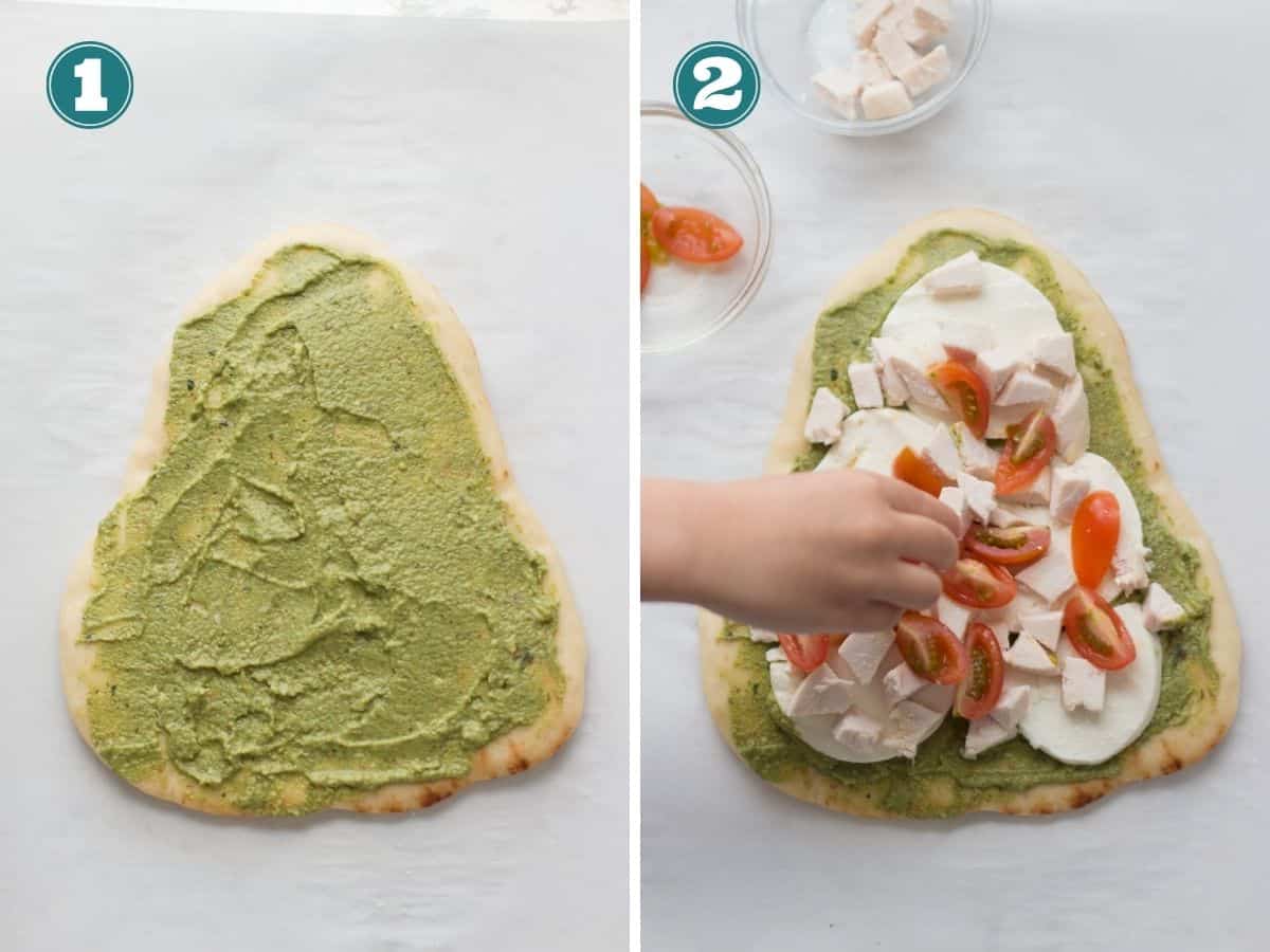 A two image collage with pesto on flatbread on left and all the toppings on the right.