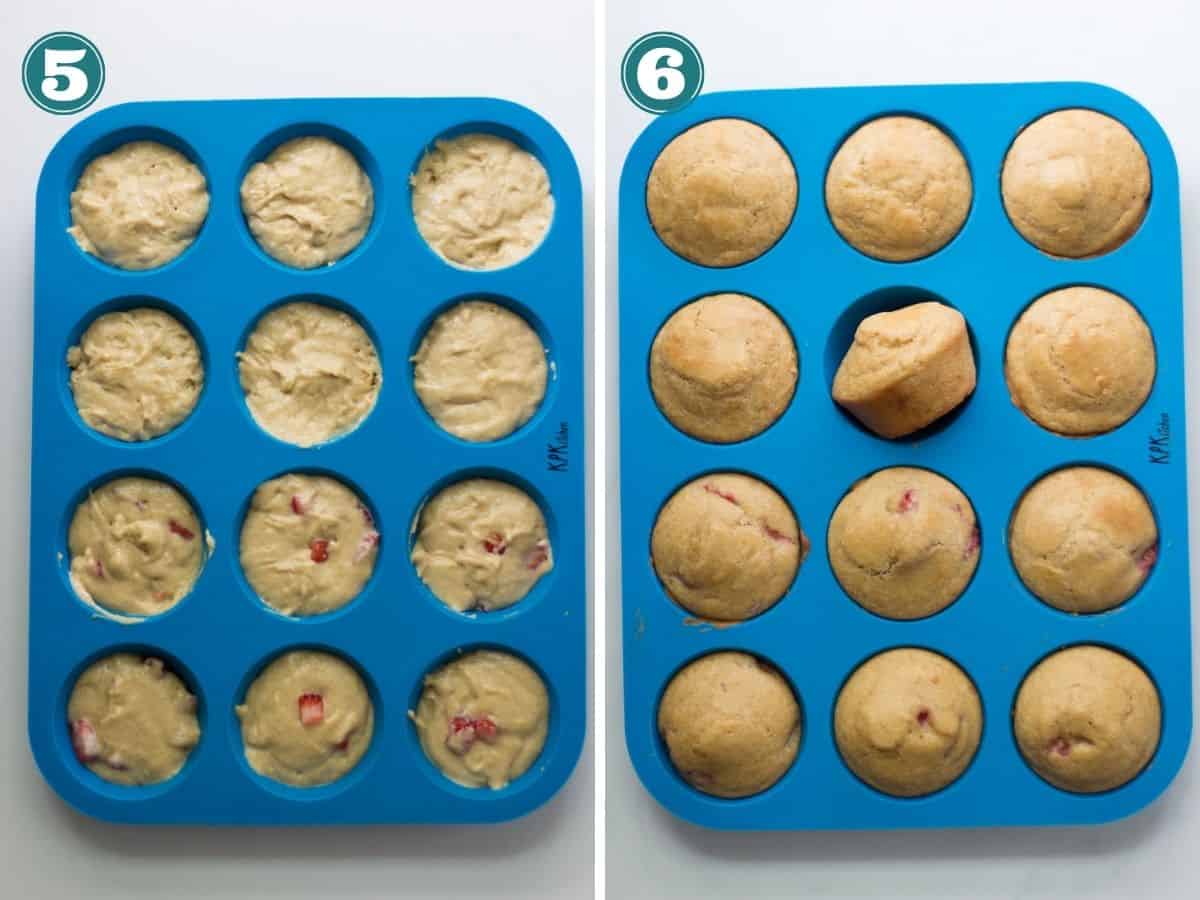 A two image collage showing filled muffin pan before and after baked.