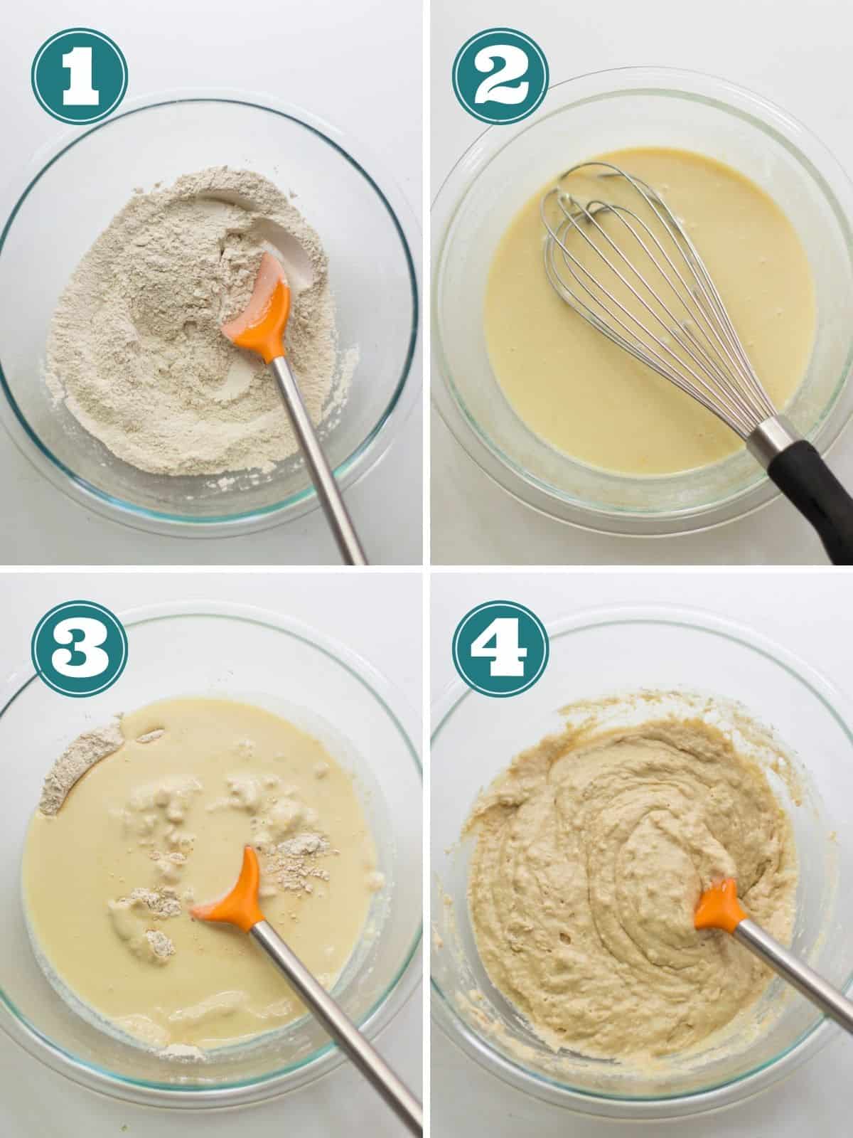 A four image collage showing how to make the batter.