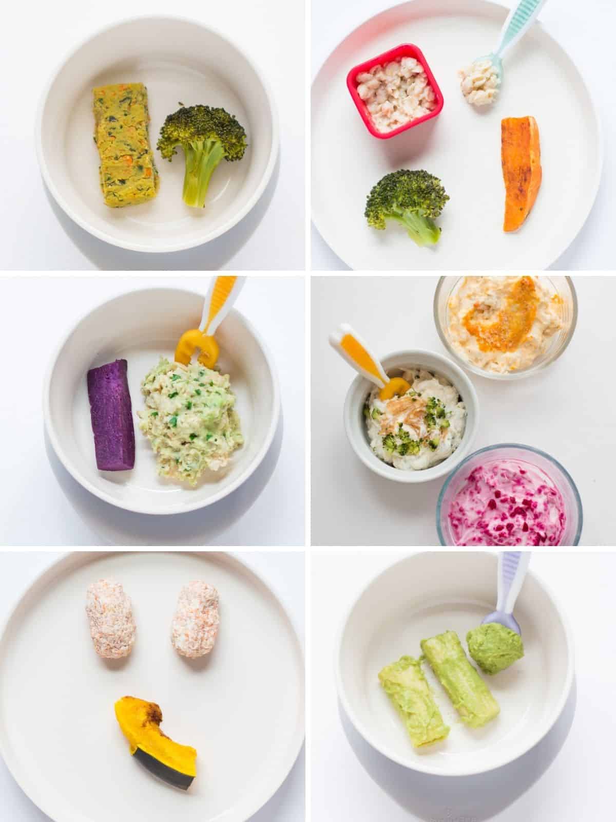 A six image collage showing different ways to serve vegetables to babies