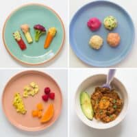 A four image collage of baby meals.