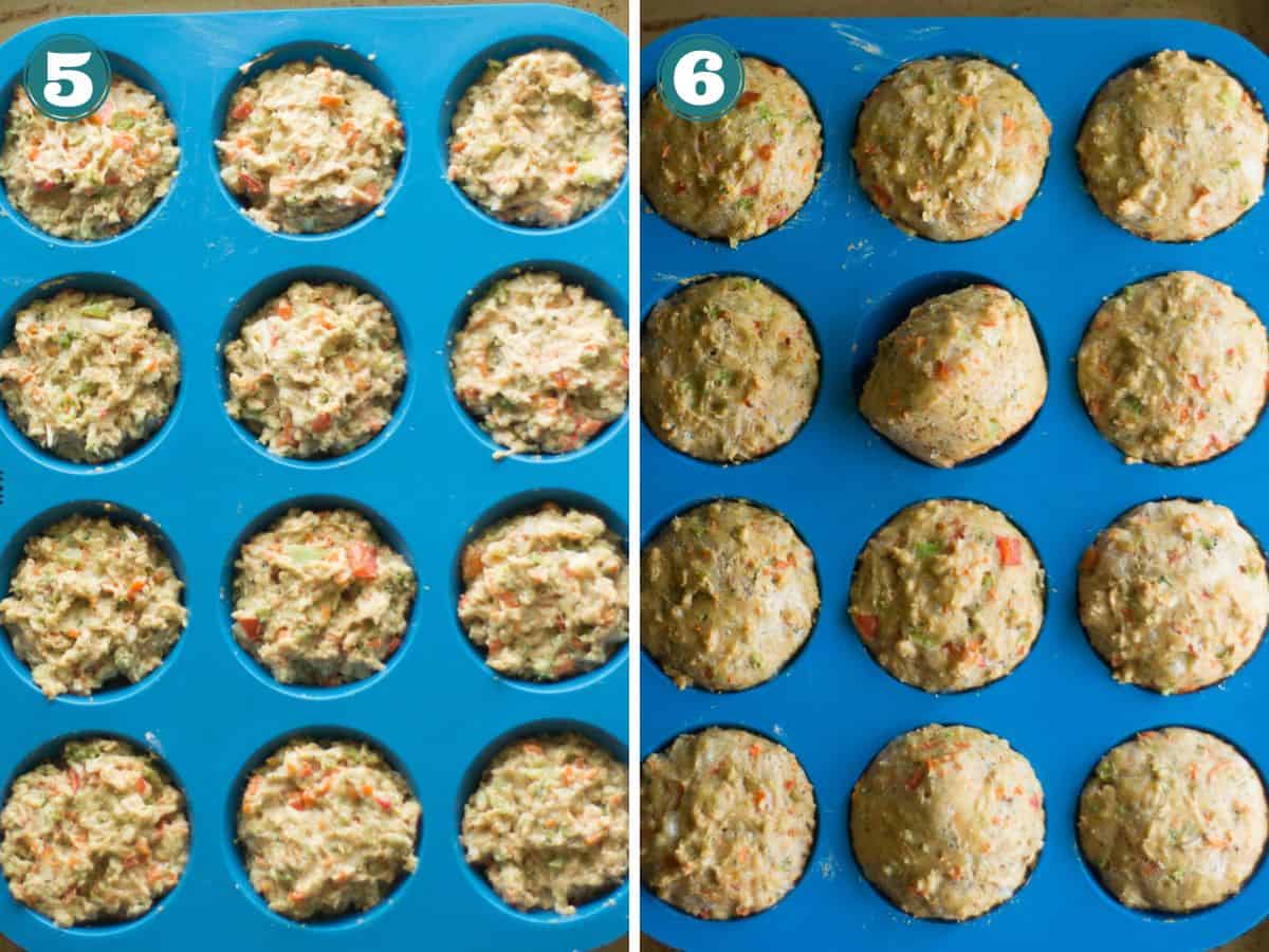 A two image collage of before and after muffins are baked.