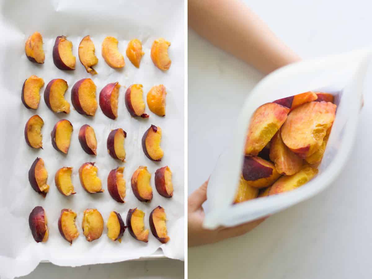 A two image collage showing how to freeze fresh peaches.