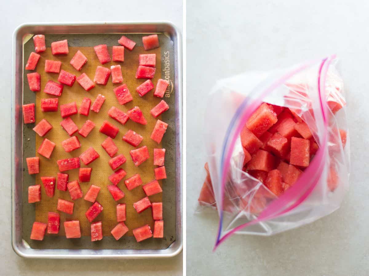 A two image collage showing how to freeze watermelon.